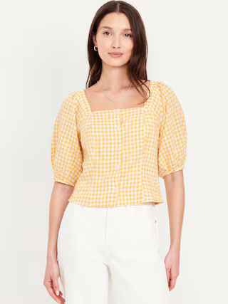 Puff-Sleeve Linen-Blend Gingham Top | Old Navy (US)