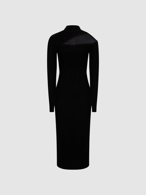 Reiss Black Tatiana Regular Velvet Cut-Out Shoulder Dress | Reiss US
