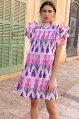 Pintuck Ruffle Mini Dress- Sumba Pink | Oliphant Design