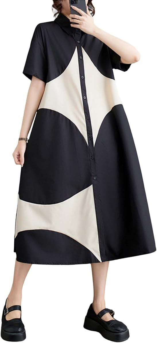 ellazhu Women's Short Sleeves Color Block Midi Length Button Down Shirt Dress GZ191 A | Amazon (US)