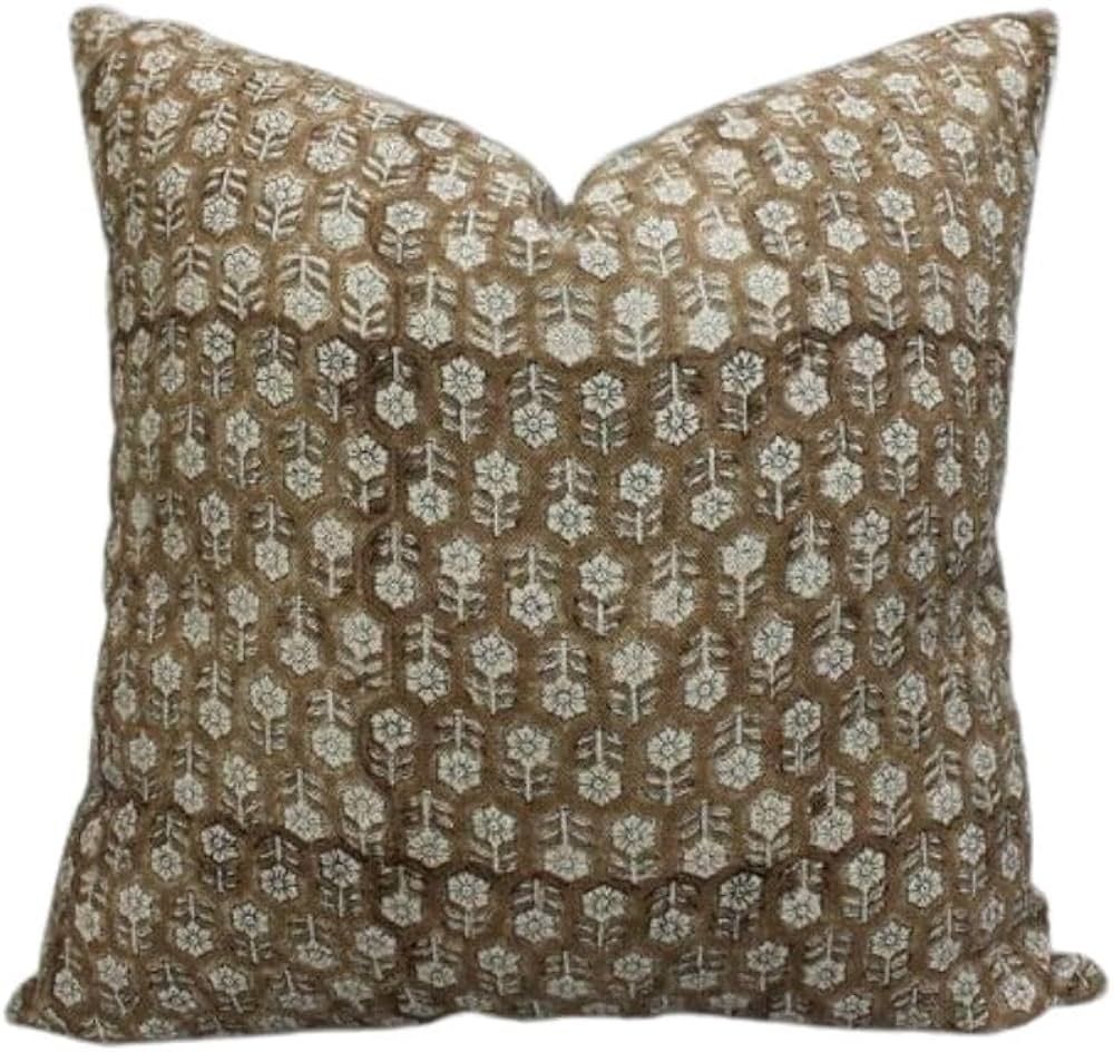 Handmade Thick/Heavy Linen Fabric 20X20 Throw Block Printed Vintage Pillowcase Cushion Cover with Zipper for Sofa, Couch, Fall Decoration, Outdoor, Living Room, Home Décor, Brown | Amazon (US)