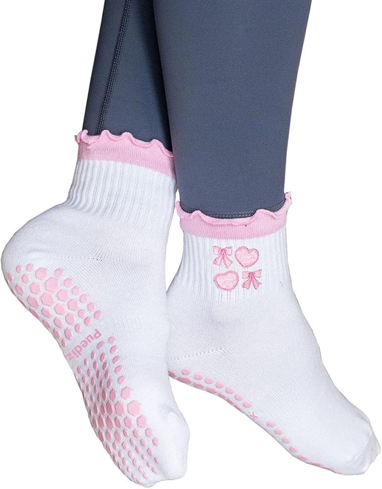 Women Cute Pilates Socks Grip Crew Yoga Socks Ruffle Cuff Embroidery Pattern Workout Ballet Socks | Amazon (US)