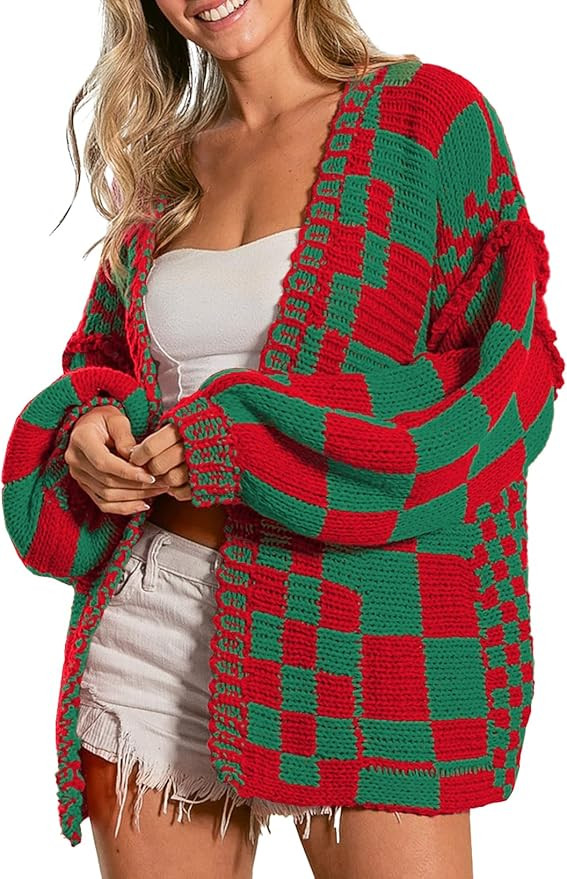 SELINK Women's Cardigan Sweater Vintage Open Front Mixed Checkered Pattern Chunky Knit Plaid Long... | Amazon (US)