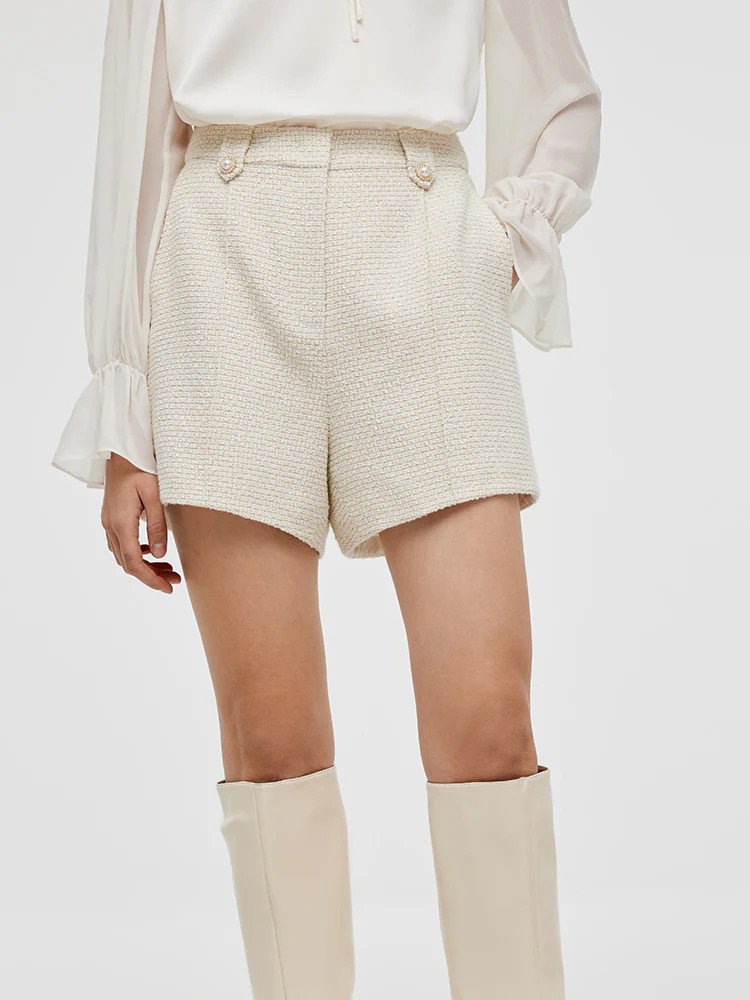 Ivory White Tweed A-Line Women Shorts - Ivory / 27 | GOELIA
