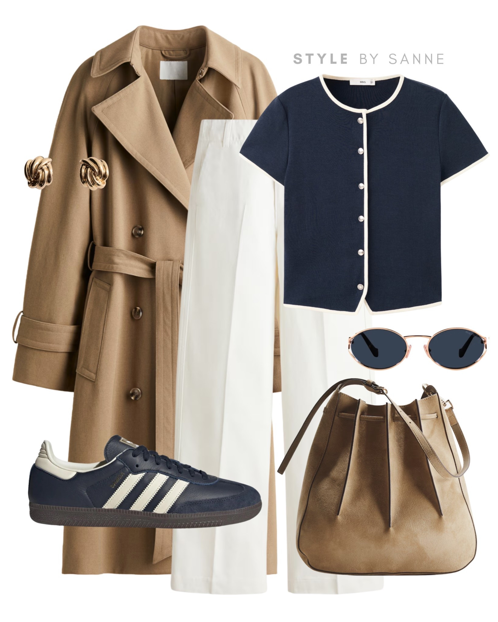 A classic camel trench paired with soft off-white trousers creates a timeless, elegant base. Styled with a navy short-sleeve knit, retro sneakers and warm-toned accessories for an effortless everyday look that feels polished yet relaxed. 🧥💙

#LTKstyletip #LTKspring