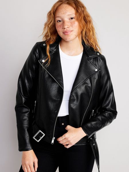 Faux-Leather Belted Biker Jacket for Women | Old Navy (US)