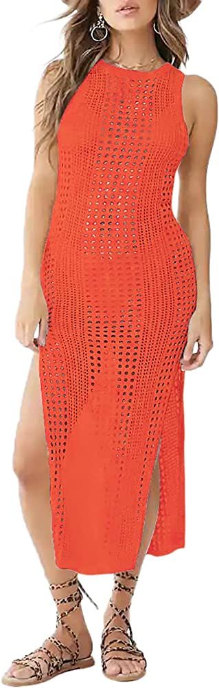 Bsubseach Crochet Cover Ups for Women Hollow Out Sleeveless Bikini Swimsuit Swimwear Side Split L... | Amazon (US)