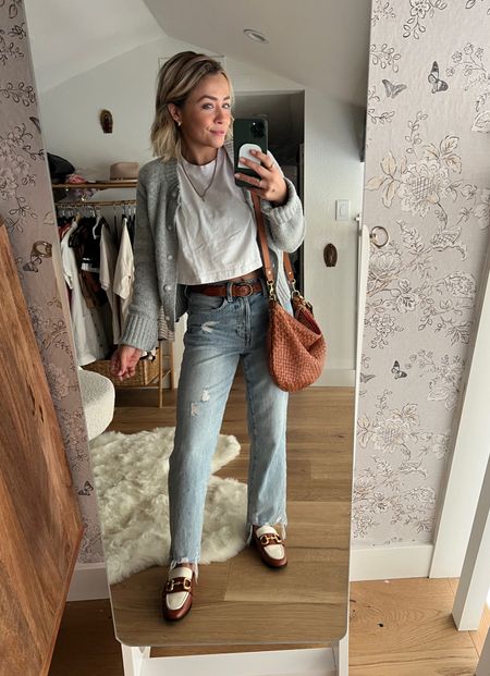 OOTD: cropped denim that fits me full length because I’m 4’11. Baby white tee, classic soft cardigan, woven leather purse, thrifted belt, loafers. #petitestyle

#LTKstyletip #LTKfindsunder100 #LTKshoecrush