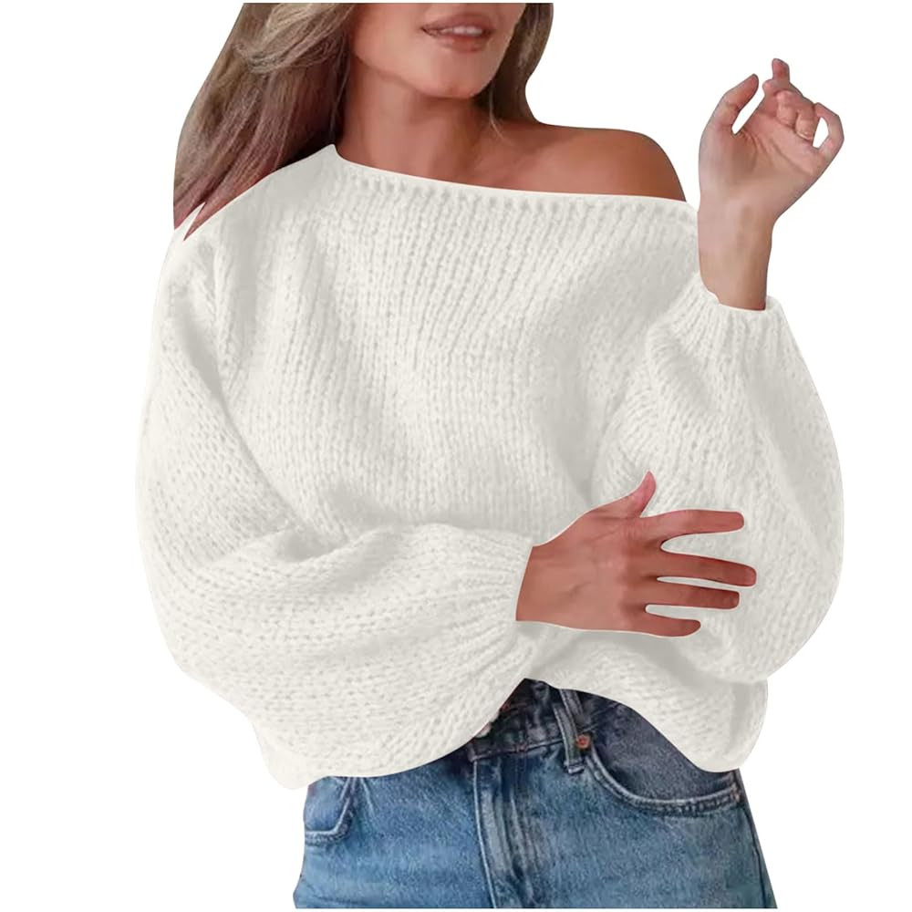 HGps8w Womens Off The Shoulder Oversized Sweater Loose Lantern Long Sleeve Pullover Knit Sweaters... | Amazon (US)