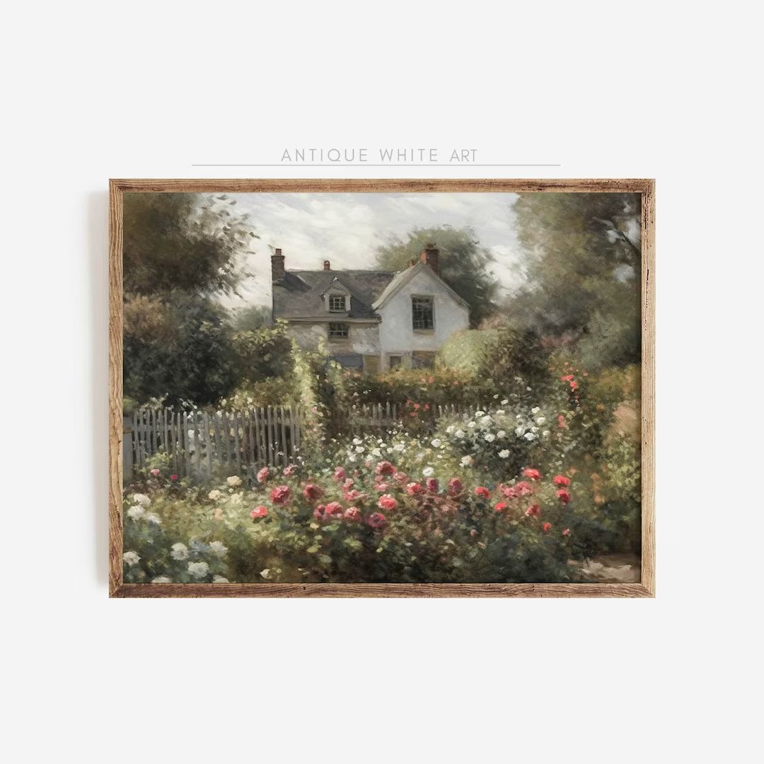 Printable Cottage Rose Garden, Vintage Oil Painting, Cottagecore Wall Art Decor, Farmhouse Print,... | Etsy (US)