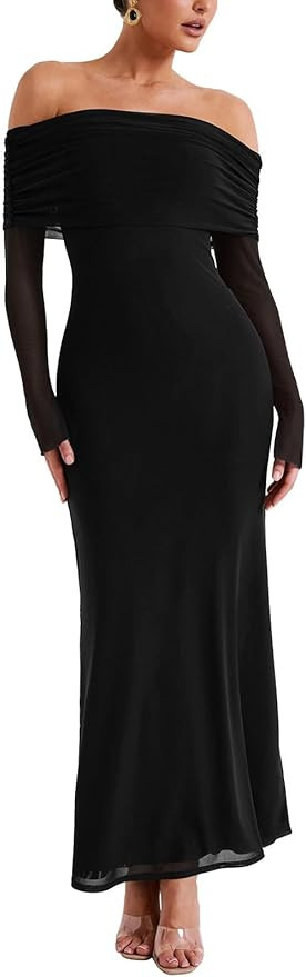 REORIA Women Off Shoulder Long Sleeve Dress Elegant Sexy Stretch Mesh Double Lined Slim Trendy Lo... | Amazon (US)