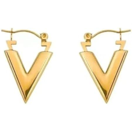 V Shaped Statement Hoop Earrings 18K Gold Stainless Steel Earrings Minimalist Luxury Earrings Popular Design Non Tarnish Designer V Fashion Jewelry For Women and Girls | Amazon (US)