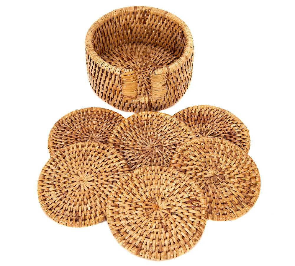 Tava Handwoven Rattan Round Coasters with Holder | Pottery Barn (US)
