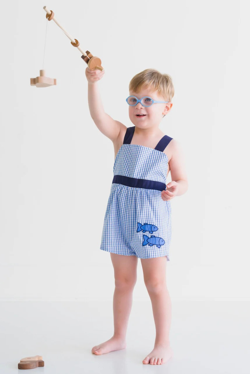 Shadley Shortall - Barbados Blue Windowpane with Nantucket Navy and Fish Applique | The Beaufort Bonnet Company