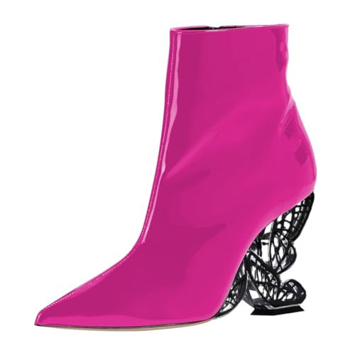 FSJ Women Chic Pointed Toe Butterfly High Heel Ankle Boots Side Zipper Glossy Leather Booties Casual Fashion Party Shoes Size 4 Hot Pink | Amazon (US)