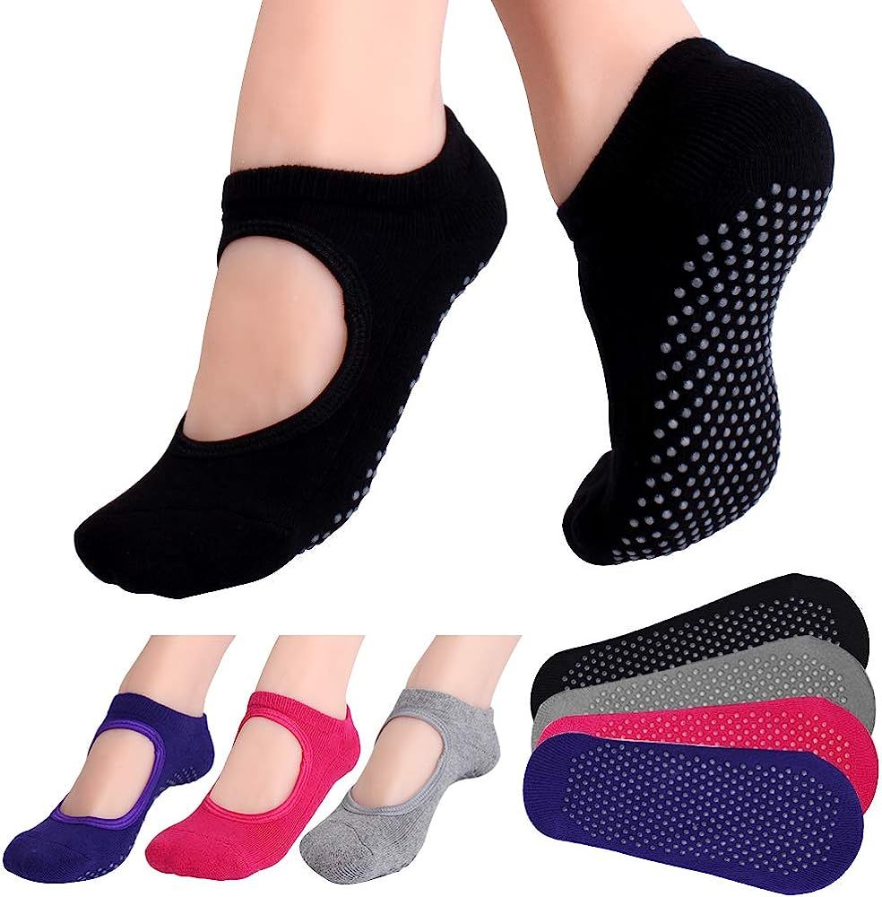 Hicdaw 4 Pairs Yoga Socks Pilates Socks Barre Ballet Socks Toeless Non-slip Grip Socks Elastic Wo... | Amazon (US)
