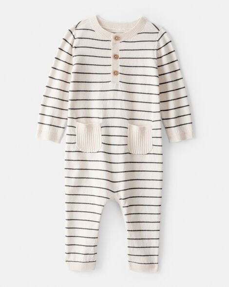 Baby Boy Striped Cotton Long-Sleeve Jumpsuit - White | Carter's Inc