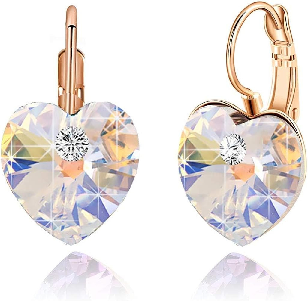 Austrian Crystal Heart Drop Leverback Earrings for Women 14K Rose Gold Plated Hypoallergenic Jewe... | Amazon (US)