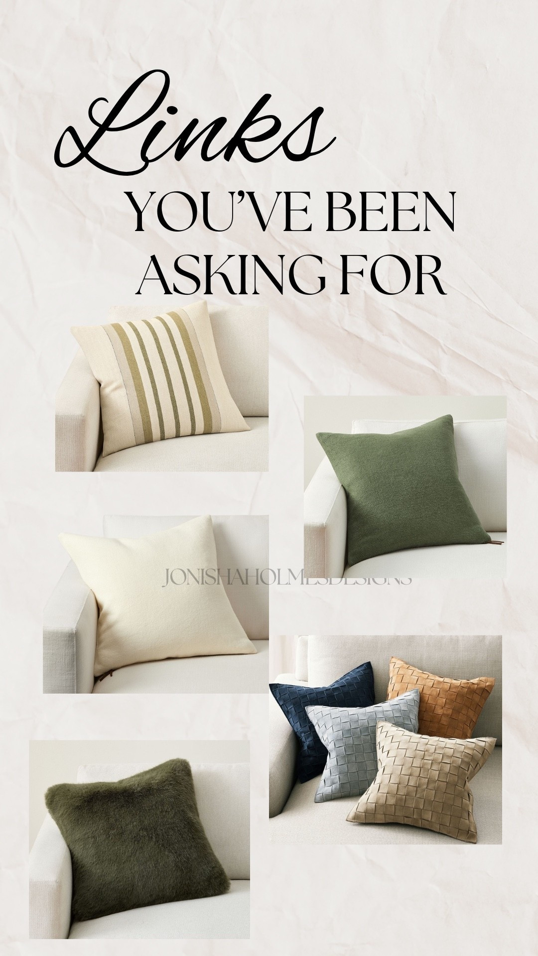 Neutral but never boring 🤍✨ Just added these textured, earthy-toned pillows to my LTK. Perfect for layering on a sofa, bed, or accent chair—these finds instantly warm up any space. Think cozy, luxe, and effortlessly styled.

🛋️ Shop everything from boucle to woven leather to faux fur—all linked below.
Follow me for more home styling inspo 🖤
#JonishaHolmesDesigns #PillowGoals #HomeFinds #LTKHome #InteriorStyle #EarthTones #NeutralHome #TexturedDecor #CozyLiving


#LTKFindsUnder100 #LTKHome #LTKSaleAlert