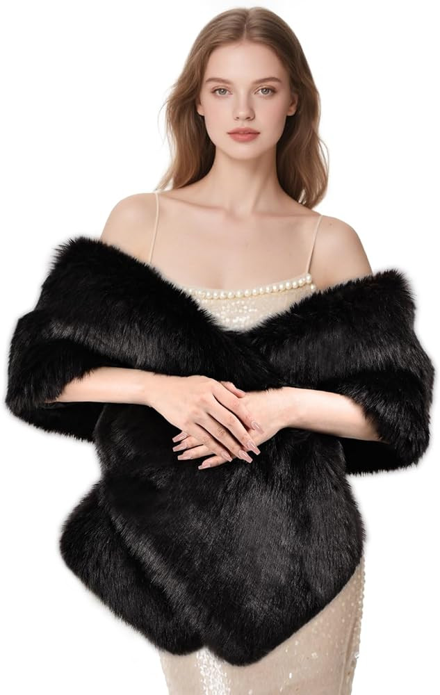 Women's Faux Fur Shawl, Long Winter Warm Scarf Shawl for Bridal Wedding Party Festive Celebration... | Amazon (US)