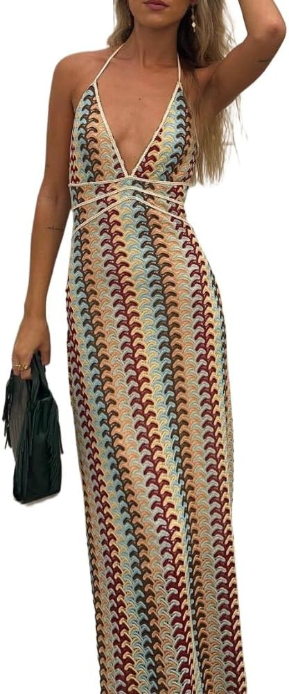 Cottagecore Spaghetti Strap Maxi Dress Y2K Crochet Floral Embroidered Y2K Boho Halter Dress Vacat... | Amazon (US)