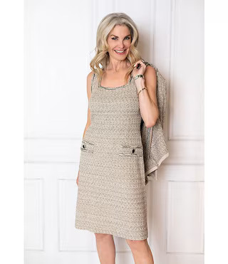 x Tanya Foster Shimmer Tweed Knit Square Neck Sleeveless A-Line Dress | Dillard's