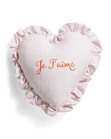 16x16 Je T'aime Embroidered Striped Heart Ruffle Pillow | TJ Maxx