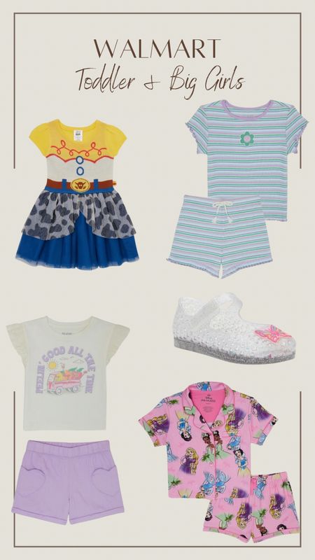 Walmart toddler and big girls. Such cute pieces for spring and summer! Disney dress. Jelly sandals. Disney pajamas. Princess. Matching sets 

#LTKfamily #LTKkids