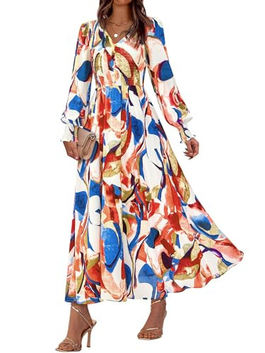 BTFBM Women Fall Wedding Guest Maxi Dresses 2025 Floral V Neck Long Sleeve Boho Long Dress Vacation(Blue Watercolour,Small) | Amazon (US)