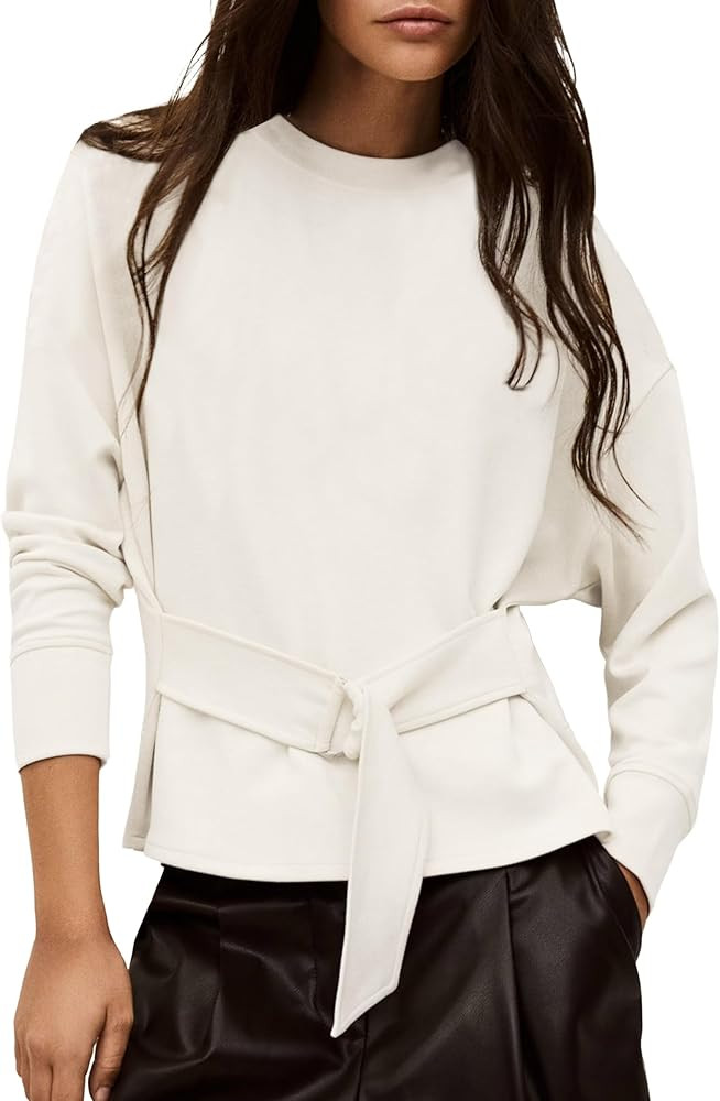 Womens Buckle Belted Sweatshirts Stylish Lace Up Tops Casual Long Sleeve Crewneck Cropped Tunic P... | Amazon (US)