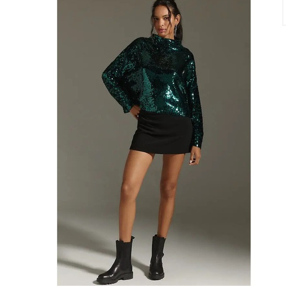 ANTHROPOLOGIE Pilcro The Alani Cashmere Mock Neck Sequin Sweater Green M NEW | Poshmark