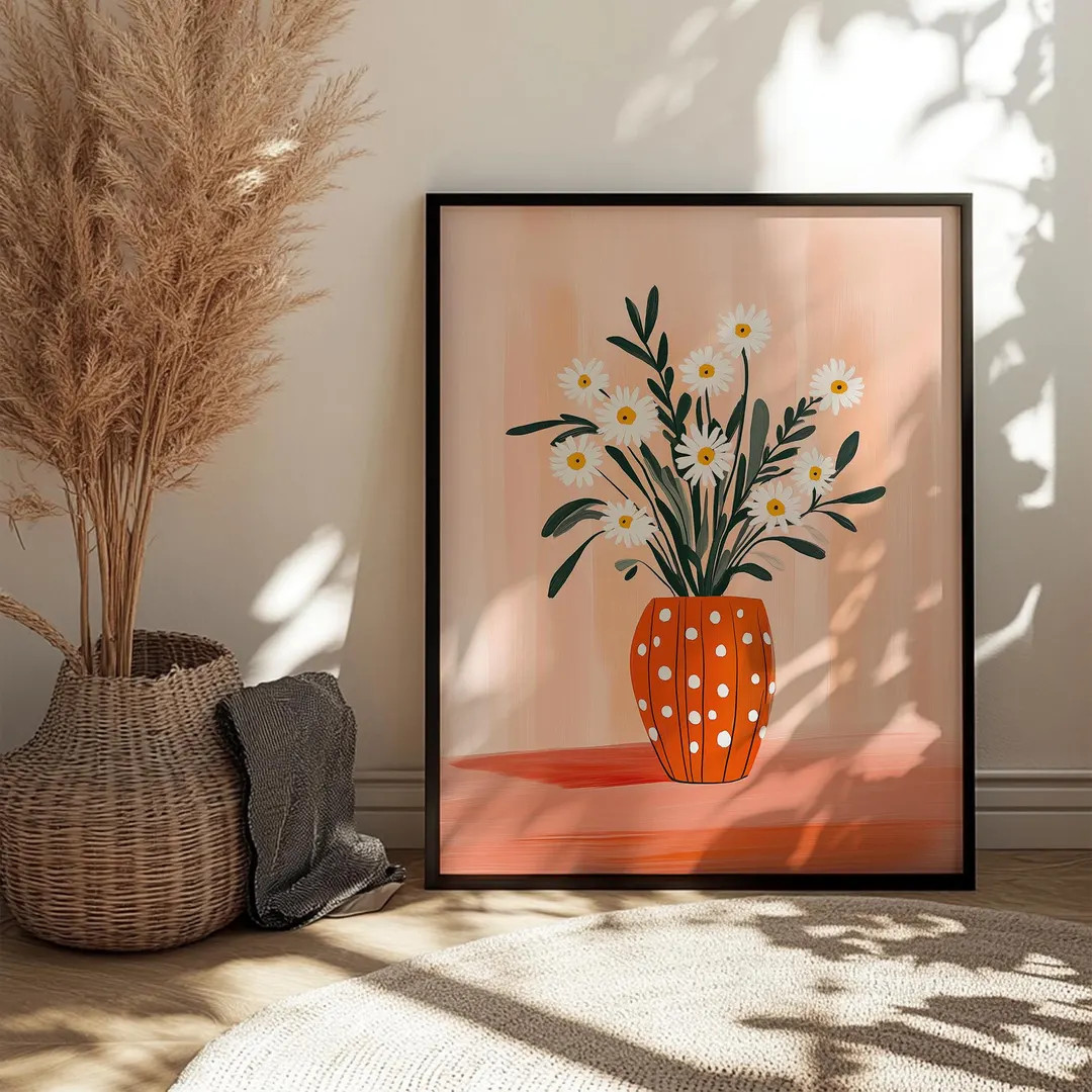 Daisy Flower Wall Art Print Digital Download, Whimsical Floral Poster With Polka Dot Vase, Botani... | Etsy (US)