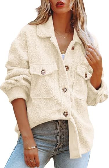 ReachMe Womens Sherpa Fleece Jacket Button Down Shirt Jacket Long Sleeve Shacket with Pockets Lapel  | Amazon (US)
