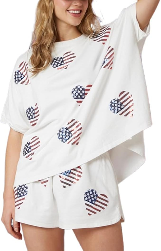 Women 4th of July Outfit American Flag Sequins Short Sleevle T-Shirt Casual Summer Two Piece Shor... | Amazon (US)