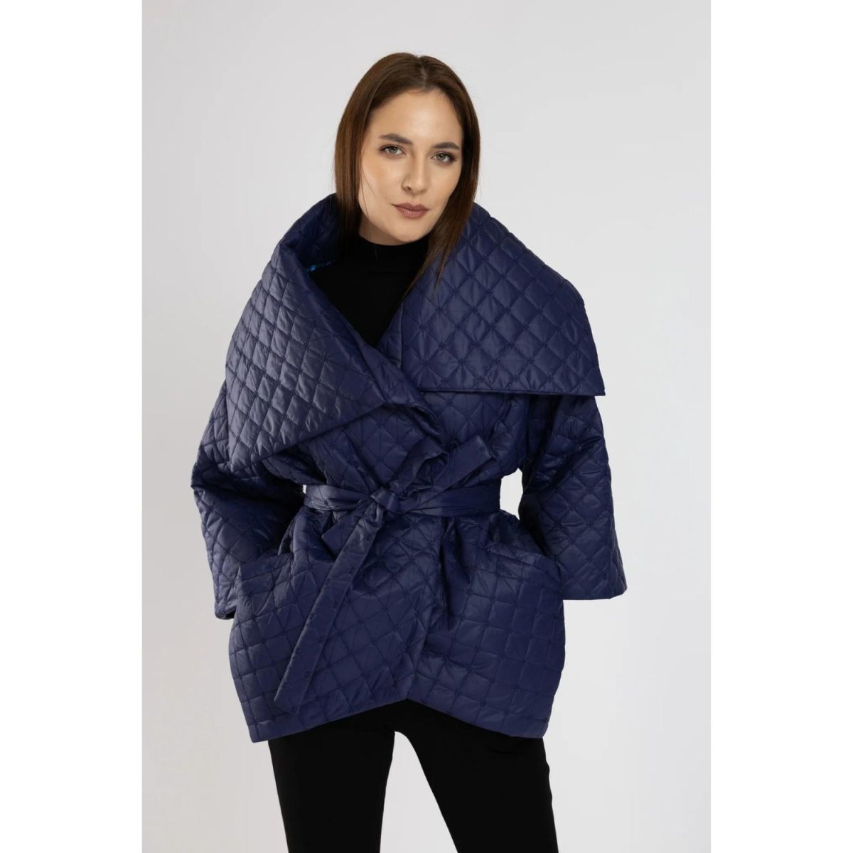 Asymmetrical Jacket In Navy Blue Quilted Fabric With Belt | Wolf & Badger (US)