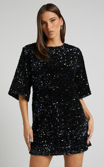Valetta Mini Dress - High Scoop Neck 3/4 Sleeve Cowl Tie Back in Midnight Blue Sequin | Showpo (US, UK & Europe)