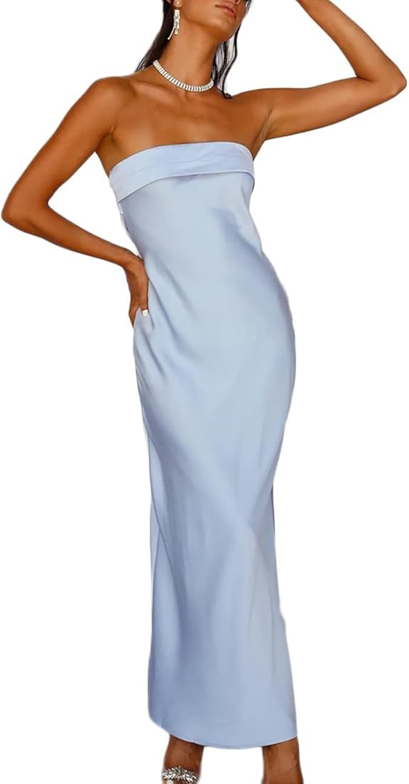 Satin Silk Backless Tube Tops Maxi Dress for Women Low Back Hollow Out Elegant Strapless Long Dre... | Amazon (US)