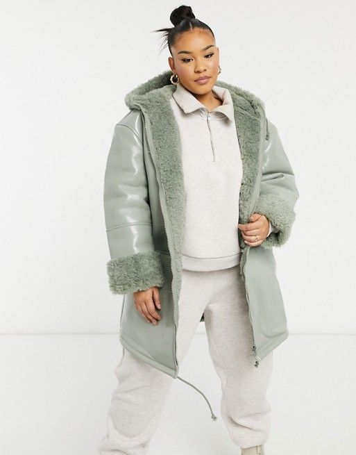 ASOS DESIGN Curve leather look parka with borg lining in sage | ASOS (Global)