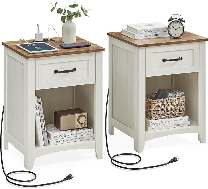 VASAGLE LIRY Collection - Farmhouse Nightstands with Charging Station, Set of 2 Bedside Tables, S... | Amazon (US)