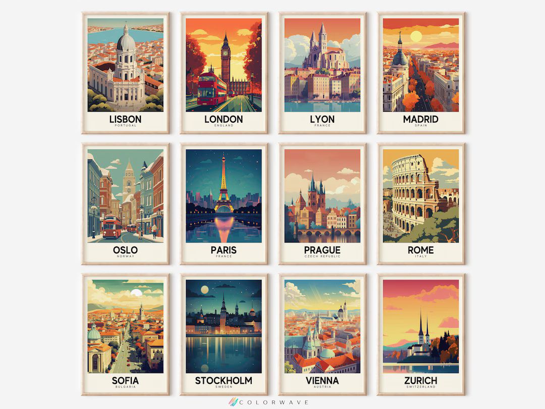 12 Vintage European Travel Posters Colorful Vintage City Art - Etsy | Etsy (US)