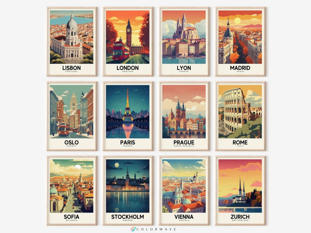 12 Vintage European Travel Posters Colorful Vintage City Art - Etsy | Etsy (US)