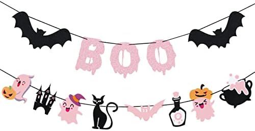 Pink Boo Banner and Pink Black Halloween Garland, Halloween Bats Ghost Garland for Halloween Girl... | Amazon (US)