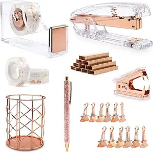 BOMEI PACK Rose Gold Office Stapler Set, Tape Dispenser with 3Rolls Transparent Tape, Staple Remo... | Amazon (US)
