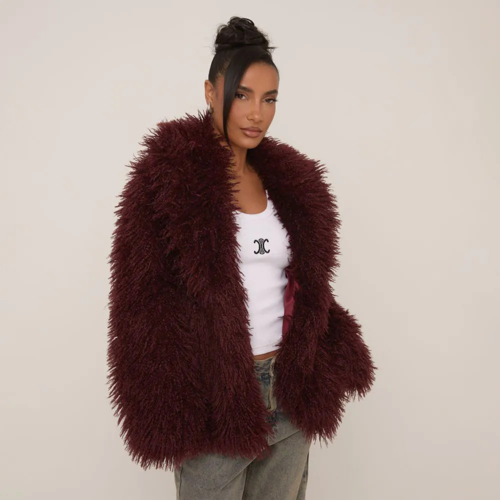 Oversized Collar Shaggy Coat In Burgundy Faux Fur | EGO (UK)