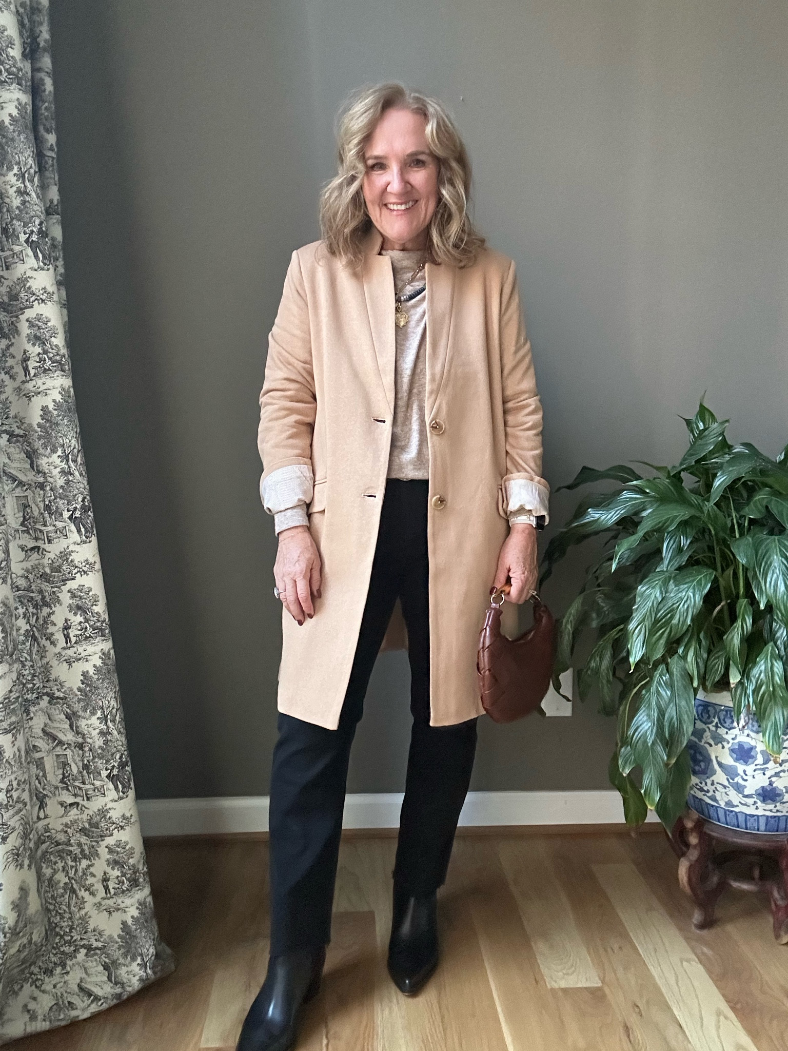 Black and camel are such a classic. This notch collar long blazer is such a great piece. Order your smaller size. Fully lined. 
Boat neck top looks like a sweater but is actually a knit. Wearing a medium 

Jeans are super soft either way stretch. A slim silhouette. Wearing an 8/29 my smaller size. 

10% off code NANETTE10 at Gibson look 

My boots are waterproof! I did have to size up from a 9.5 to a 10.5. 

My necklace use code NANETTE20 at Allie + Bess. 20% off 

Fall Outfits fall jacket blazers tan topper black jeans work outfit black boots dolce vita 

#LTKWorkwear #LTKMidsize #LTKOver40