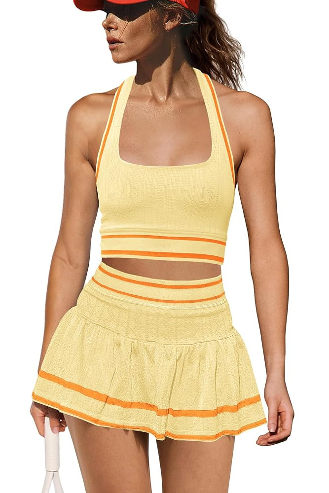 Yanekop Womens Tennis Skirt Set 2 Piece Workout Sets Golf Outfits Athletic Sets Cropped Tank Top ... | Amazon (US)