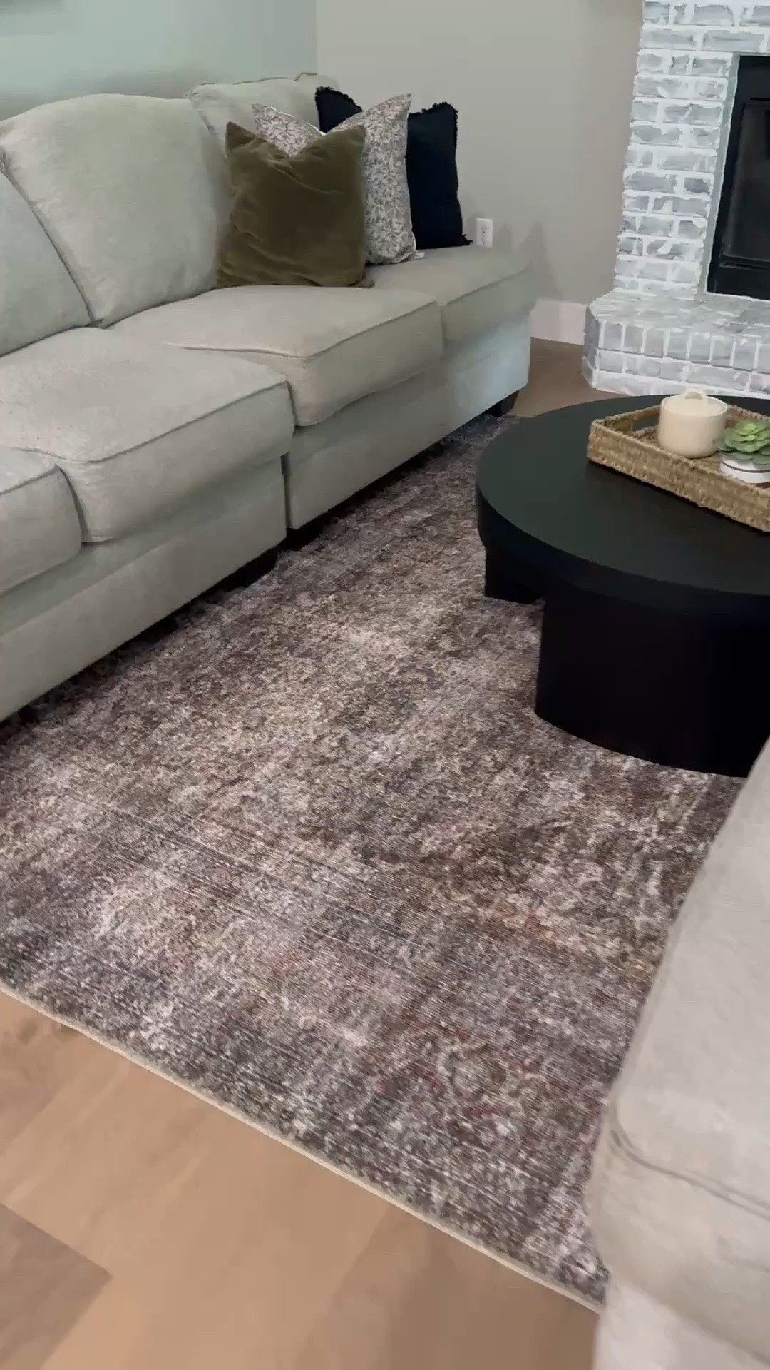 Modern organic home decor, round coffee table, area rug