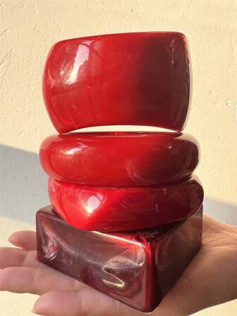 1pc Vintage Red Geometric Resin Textured Wide Bangle Bracelet, Suitable For Women Daily Wear And Vacation, Autumn/Winter | SHEIN