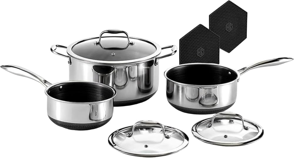 HexClad Hybrid Nonstick 6-Piece Pot Set with Trivets, 2, 3, and 8-Quart Pots with Tempered Glass ... | Amazon (US)