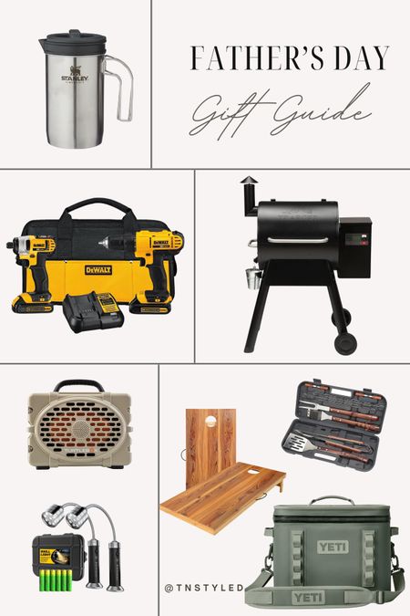 Father's Day Gift Guide // Gift Ideas from @amazon // flexible bbq grill lights, kitchen wooden handle tool set, traeger grills pro, cordless drill, cornhole game boards, portable soft cooler, stanley all in one boil & brew french press

